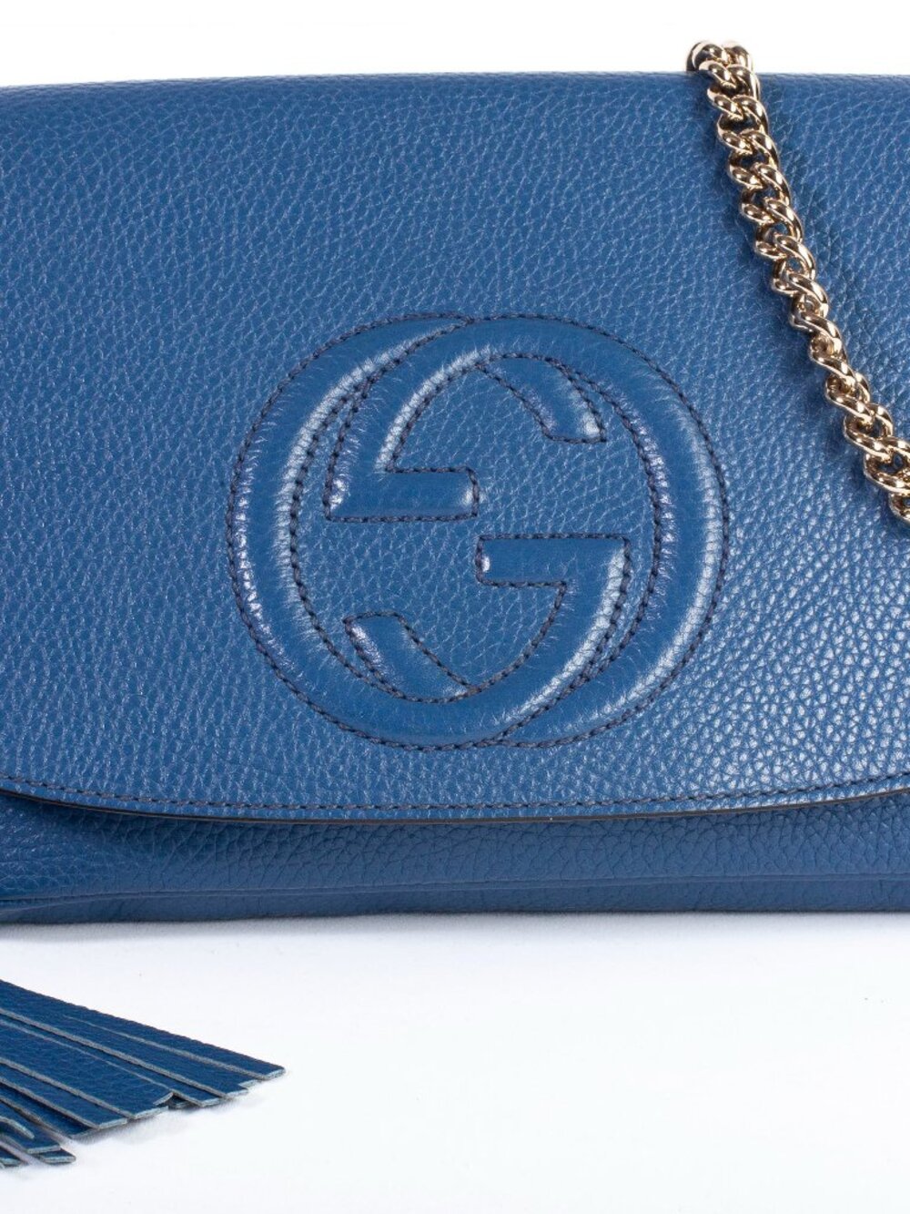 Authentic Gucci Pebbled Blue Calfskin Leather Soho Flap Crossbody Bag